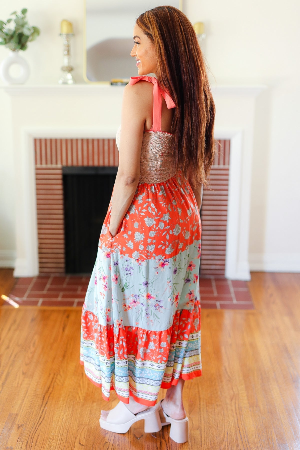 Vacay Vibes Taupe Floral Smocked Tube Top Tiered Maxi Dress