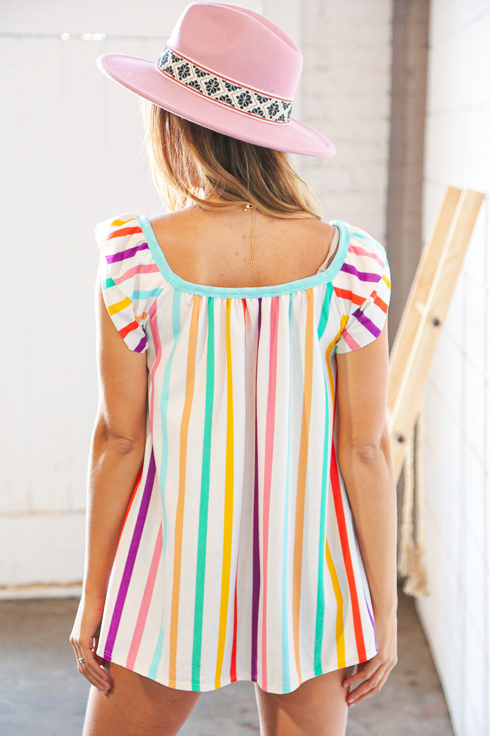 Multicolor Vertical Stripe Ruffle Frill Sleeve Top