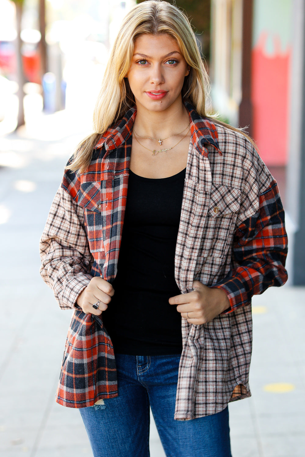 Calling On You Rust & Taupe Plaid Color Block Shacket