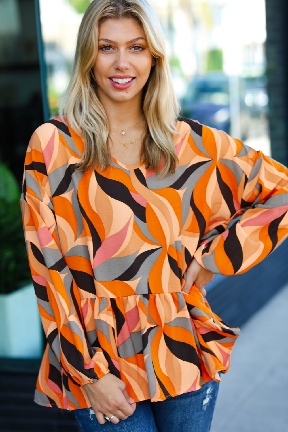 In My Thoughts Rust Abstract V Neck Peplum Top