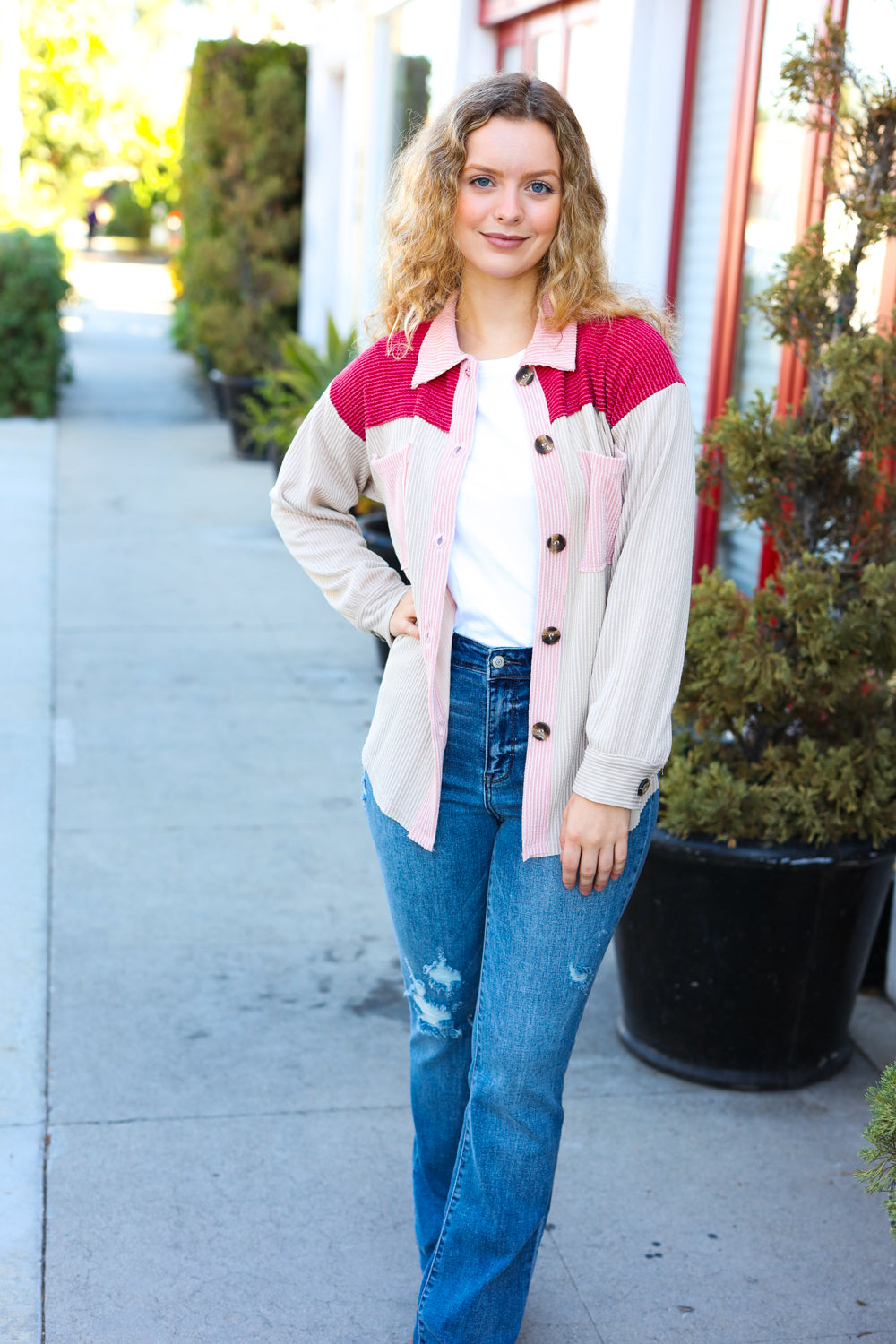 Give Joy Cranberry Ribbed Colorblock Button Down Shacket