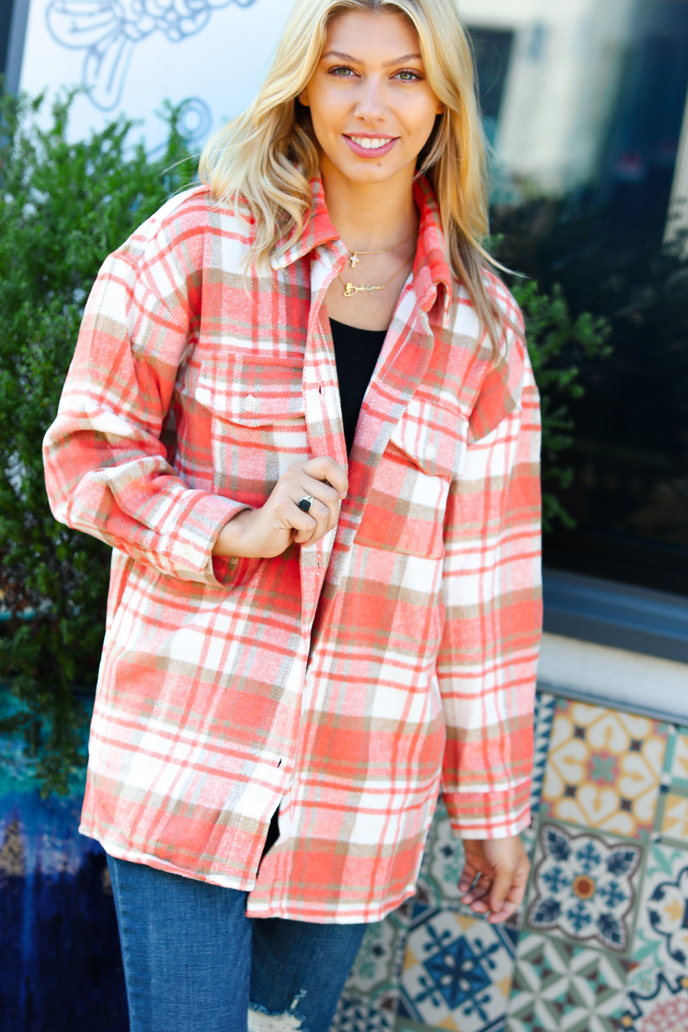 Layer Up Orange Plaid Flannel Button Down Shacket