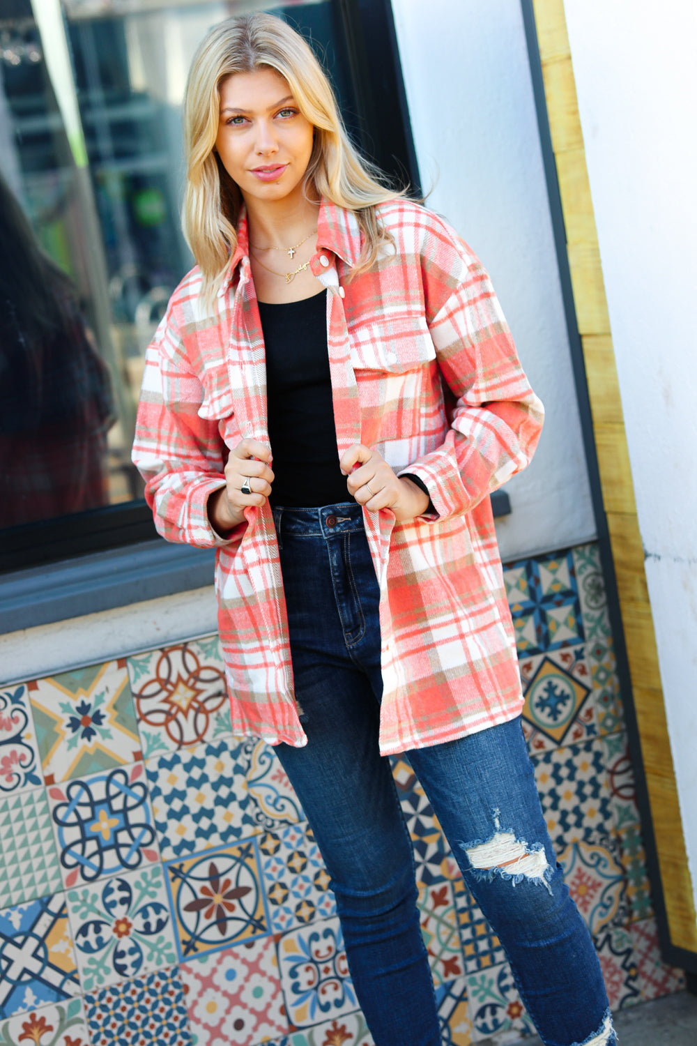 Layer Up Orange Plaid Flannel Button Down Shacket