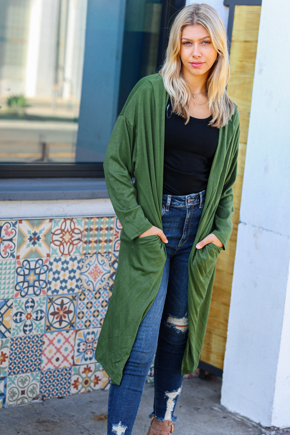 Over The Moon Olive Hacci Midi Open Cardigan