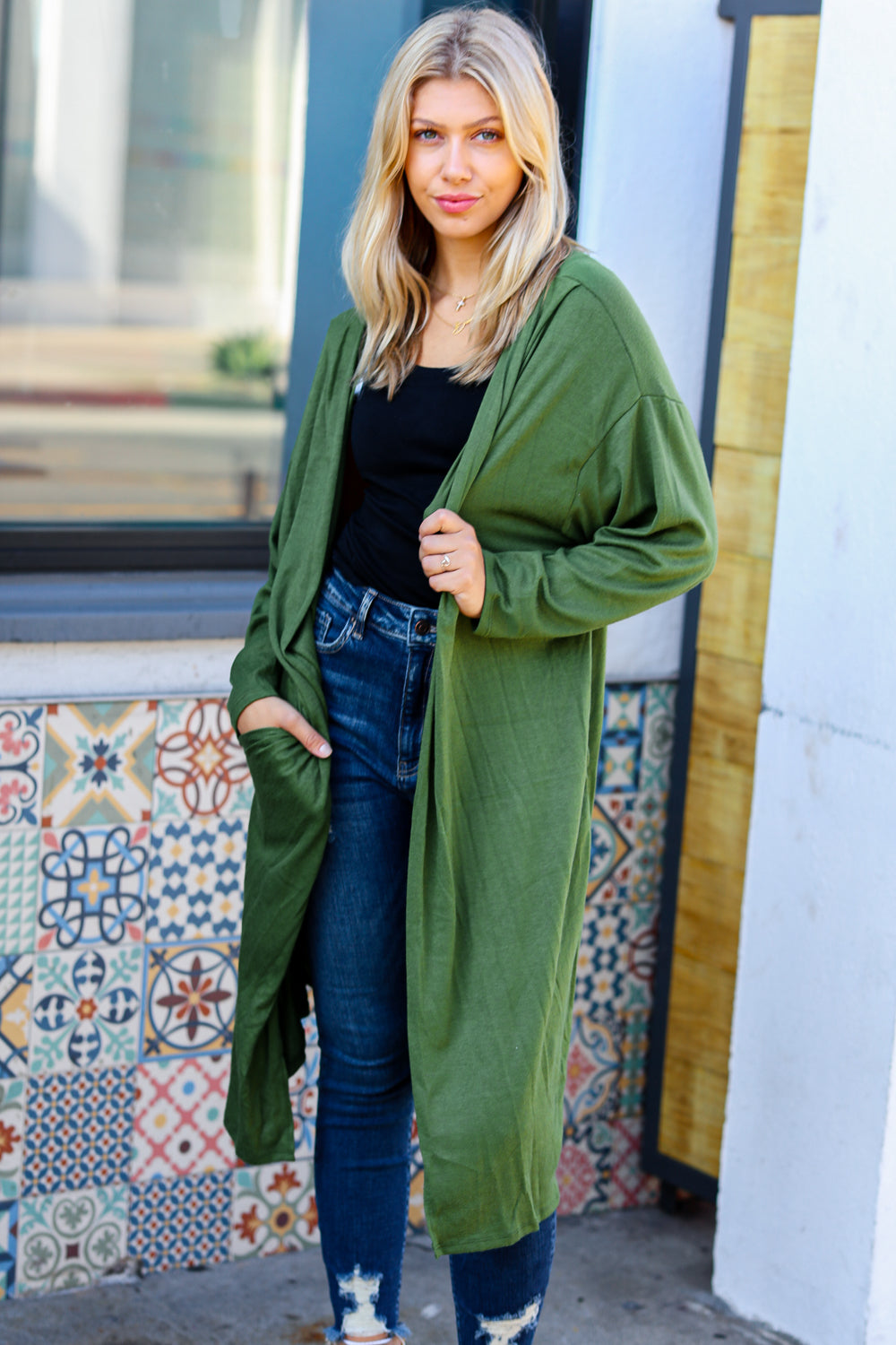 Over The Moon Olive Hacci Midi Open Cardigan