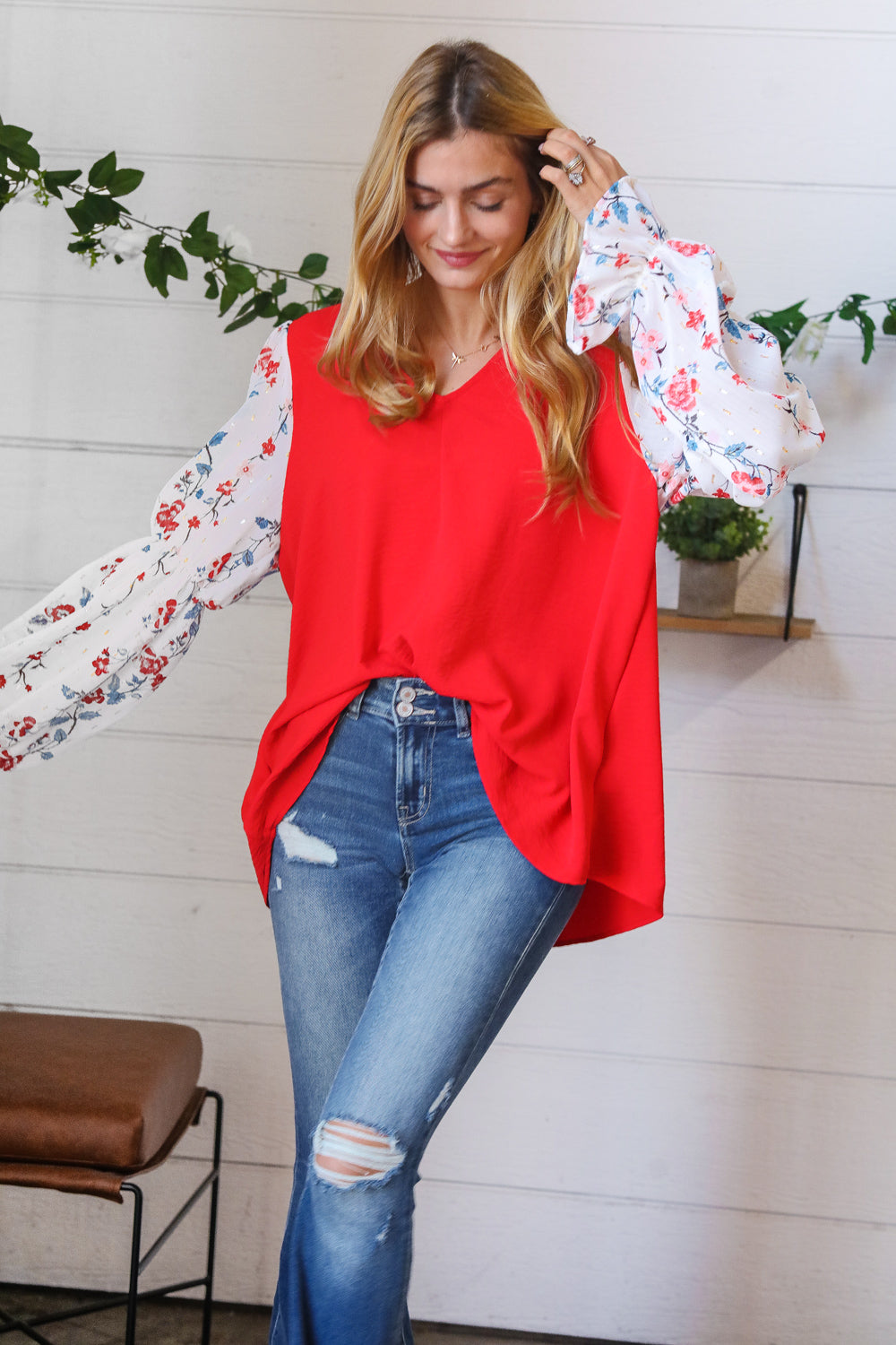 Red Chiffon Foiled Floral Thread Ruffle Sleeve Blouse