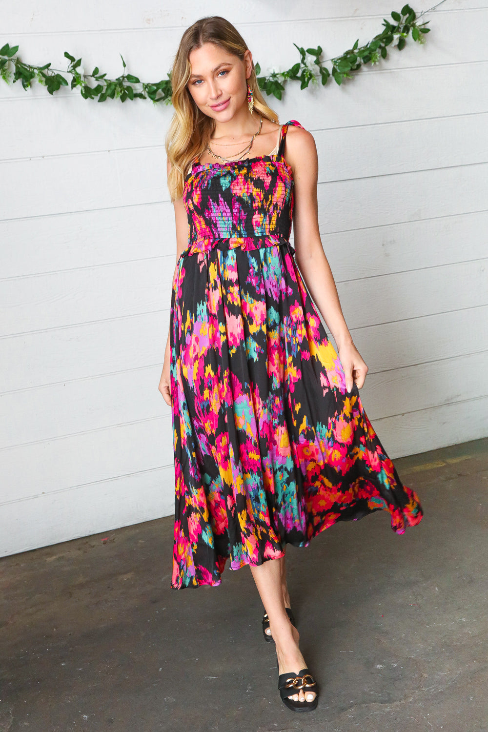 Black Smeared Floral Print Tie Shoulder Midi Dress