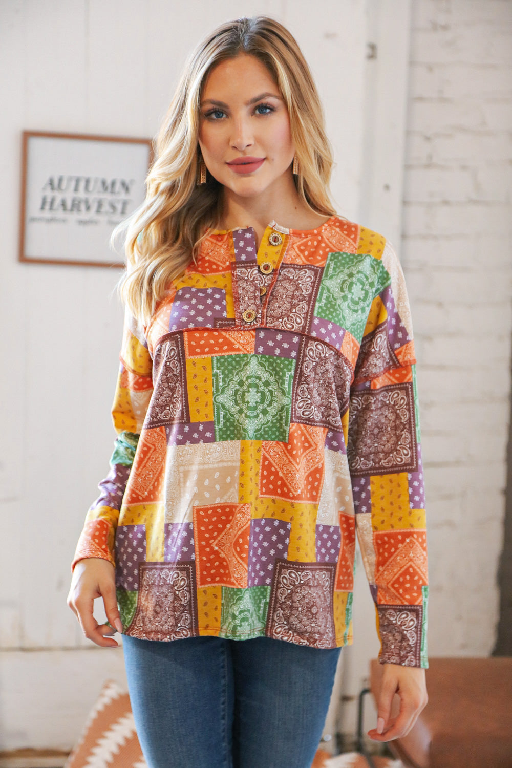 Multicolor Patchwork Button Down Terry Outseam Top