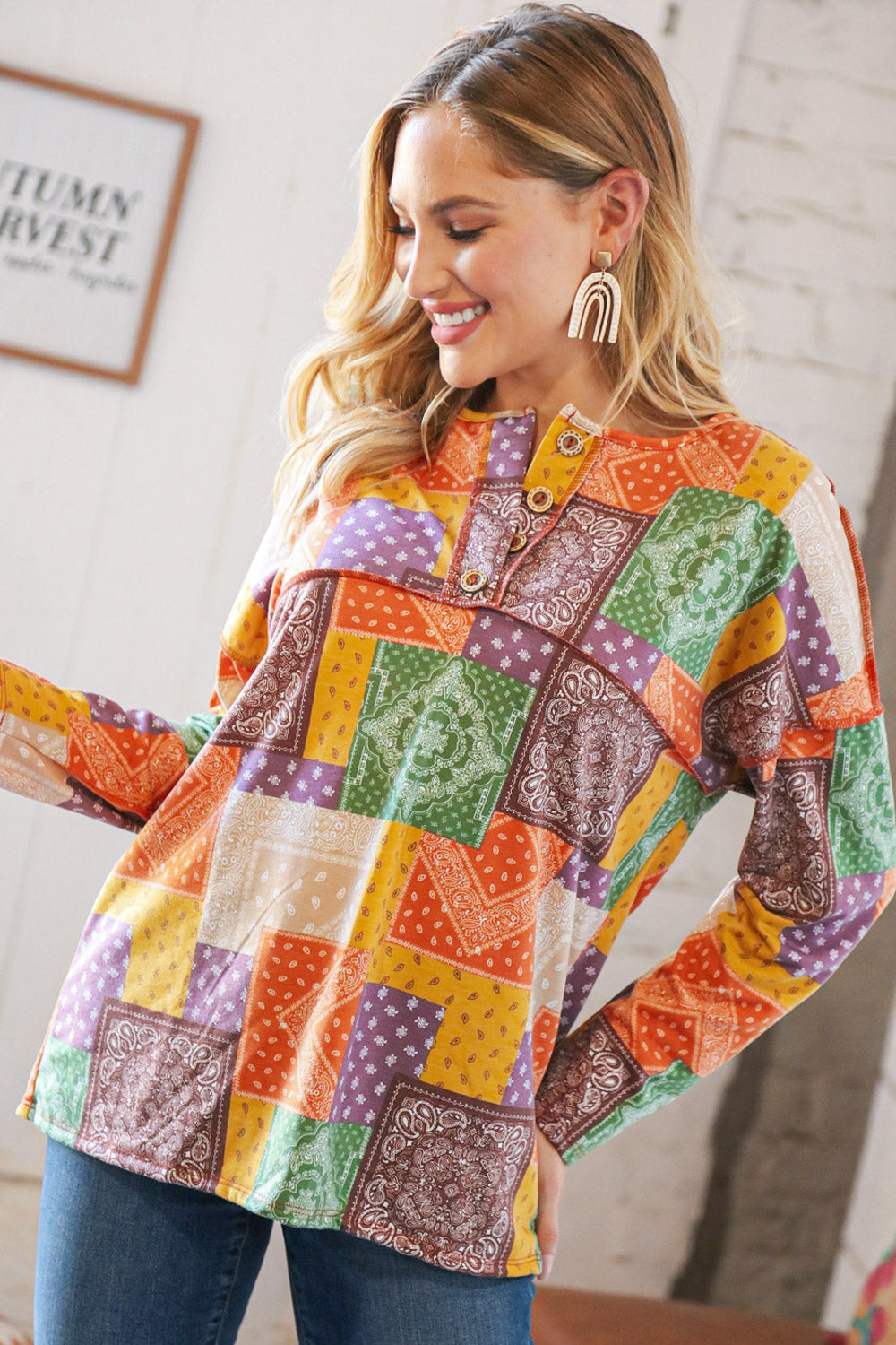 Multicolor Patchwork Button Down Terry Outseam Top