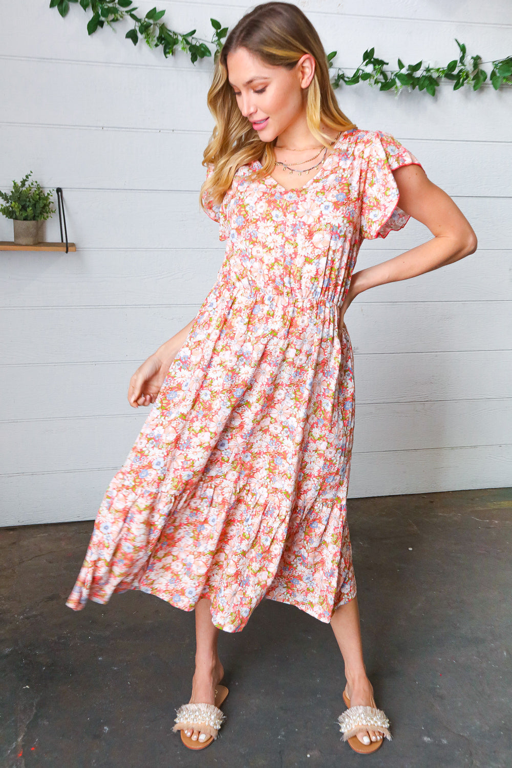 Coral Floral Boho Elastic Waist Ruffle Midi Dress