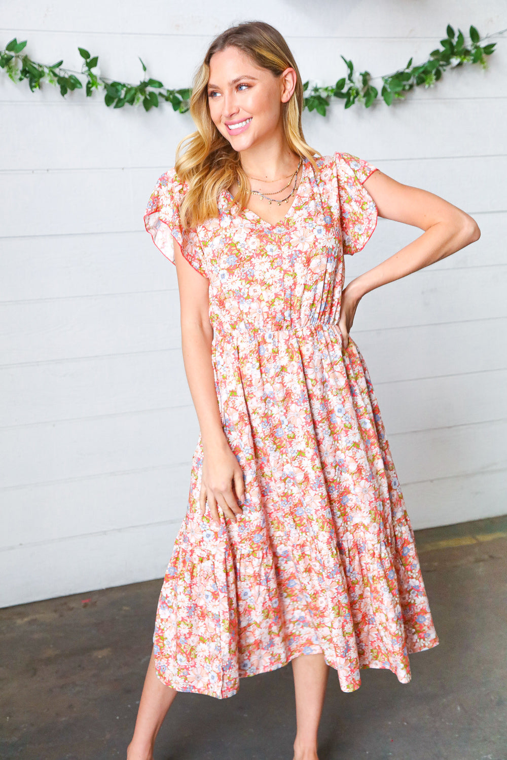 Coral Floral Boho Elastic Waist Ruffle Midi Dress