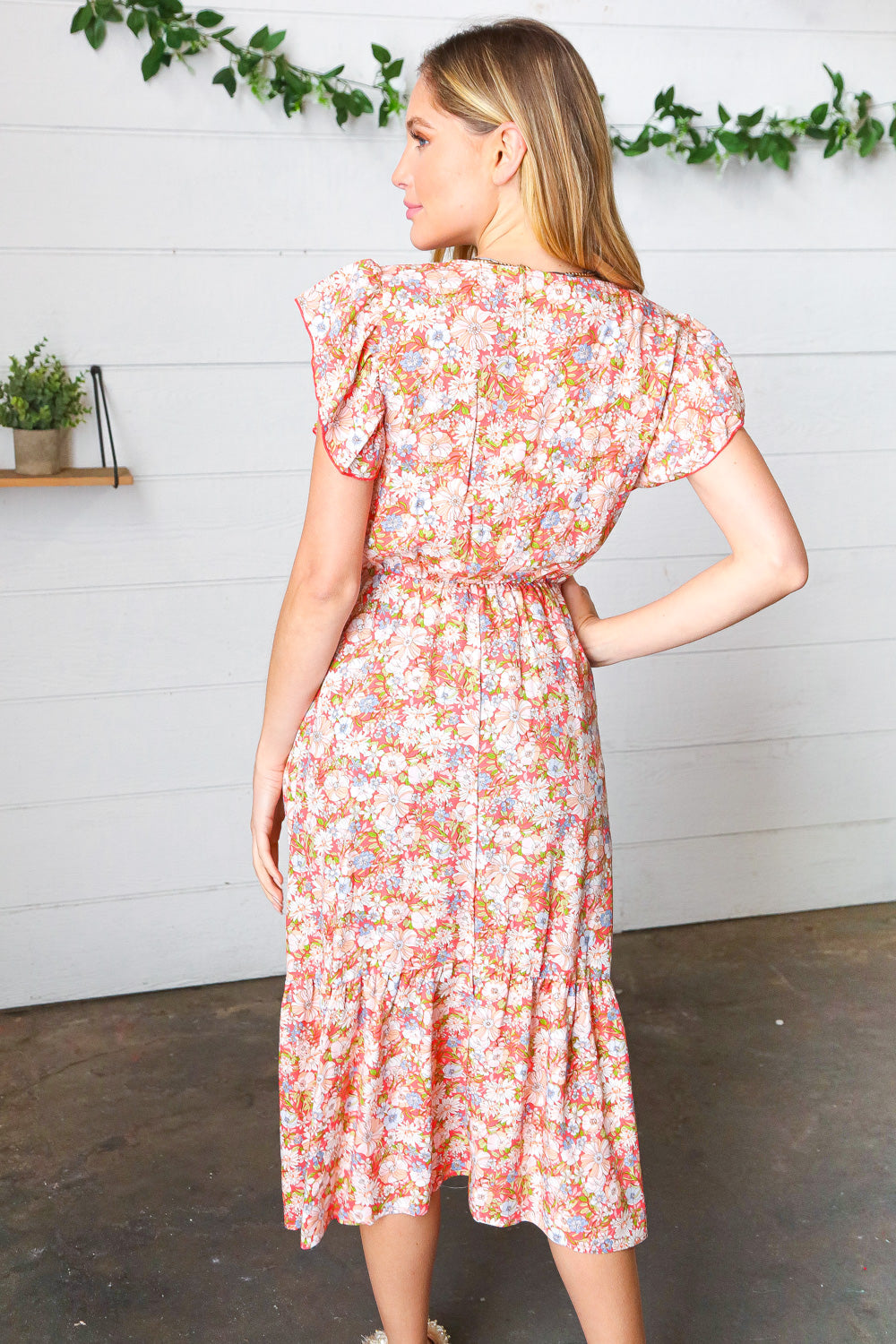 Coral Floral Boho Elastic Waist Ruffle Midi Dress