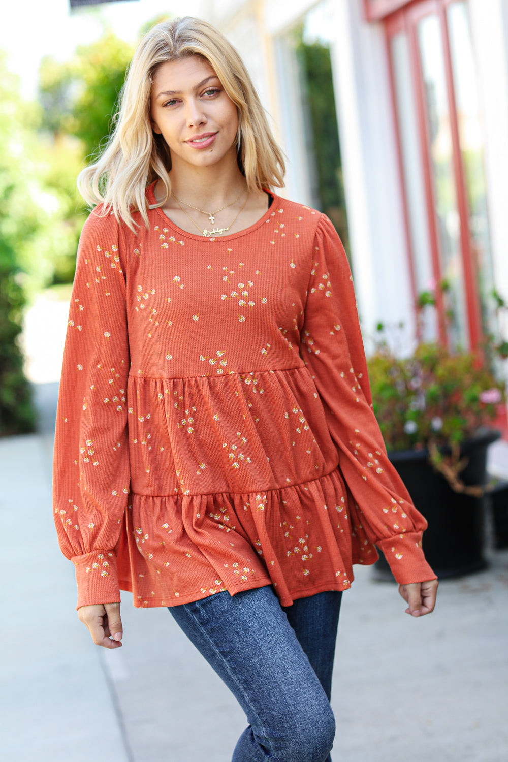 Hello Beautiful Rust Ditzy Floral Thermal Tiered Babydoll Top