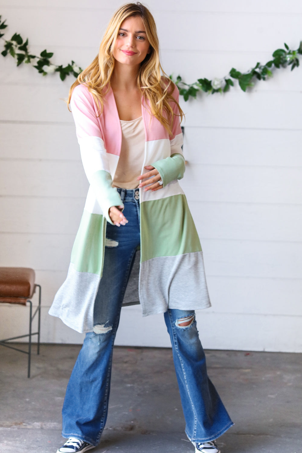 Sage Wide Stripe Terry Color Block Open Cardigan