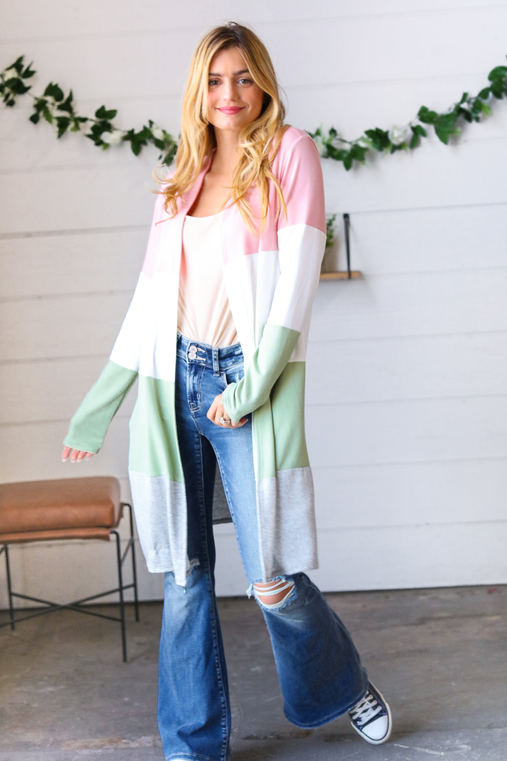 Sage Wide Stripe Terry Color Block Open Cardigan