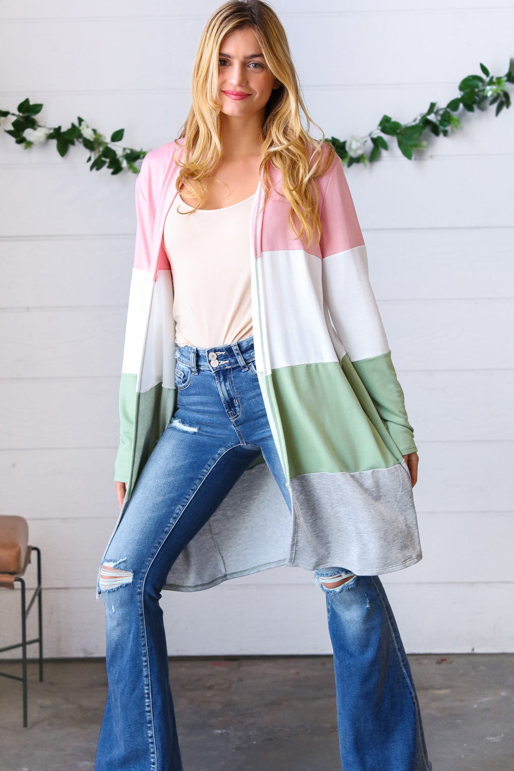 Sage Wide Stripe Terry Color Block Open Cardigan