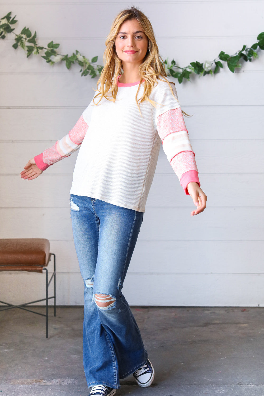 Oatmeal & Coral Slub Rib Floral Color Block Raglan Top