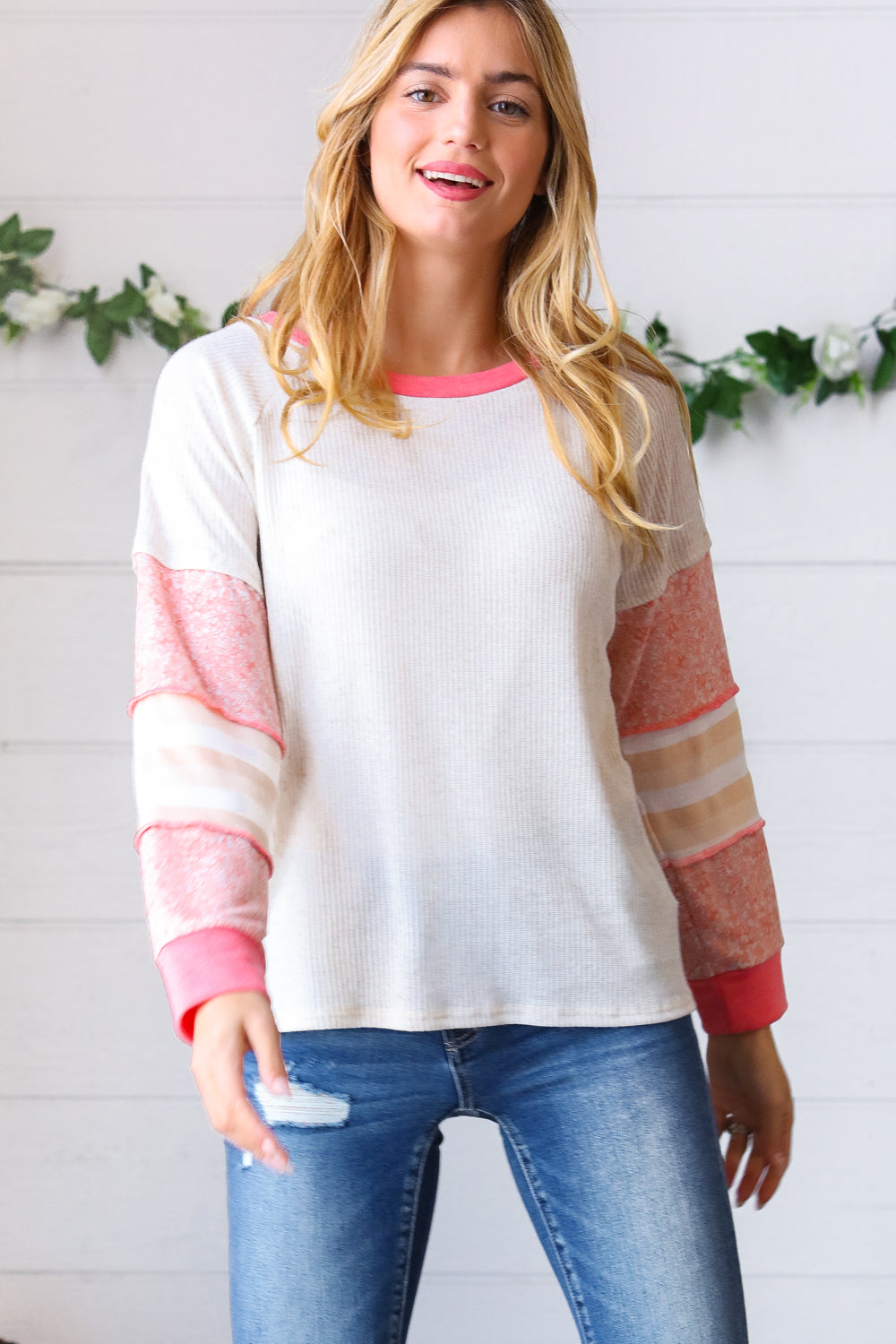 Oatmeal & Coral Slub Rib Floral Color Block Raglan Top