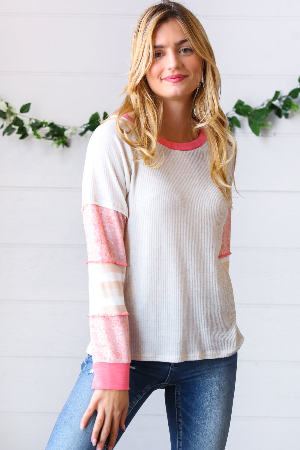 Oatmeal & Coral Slub Rib Floral Color Block Raglan Top