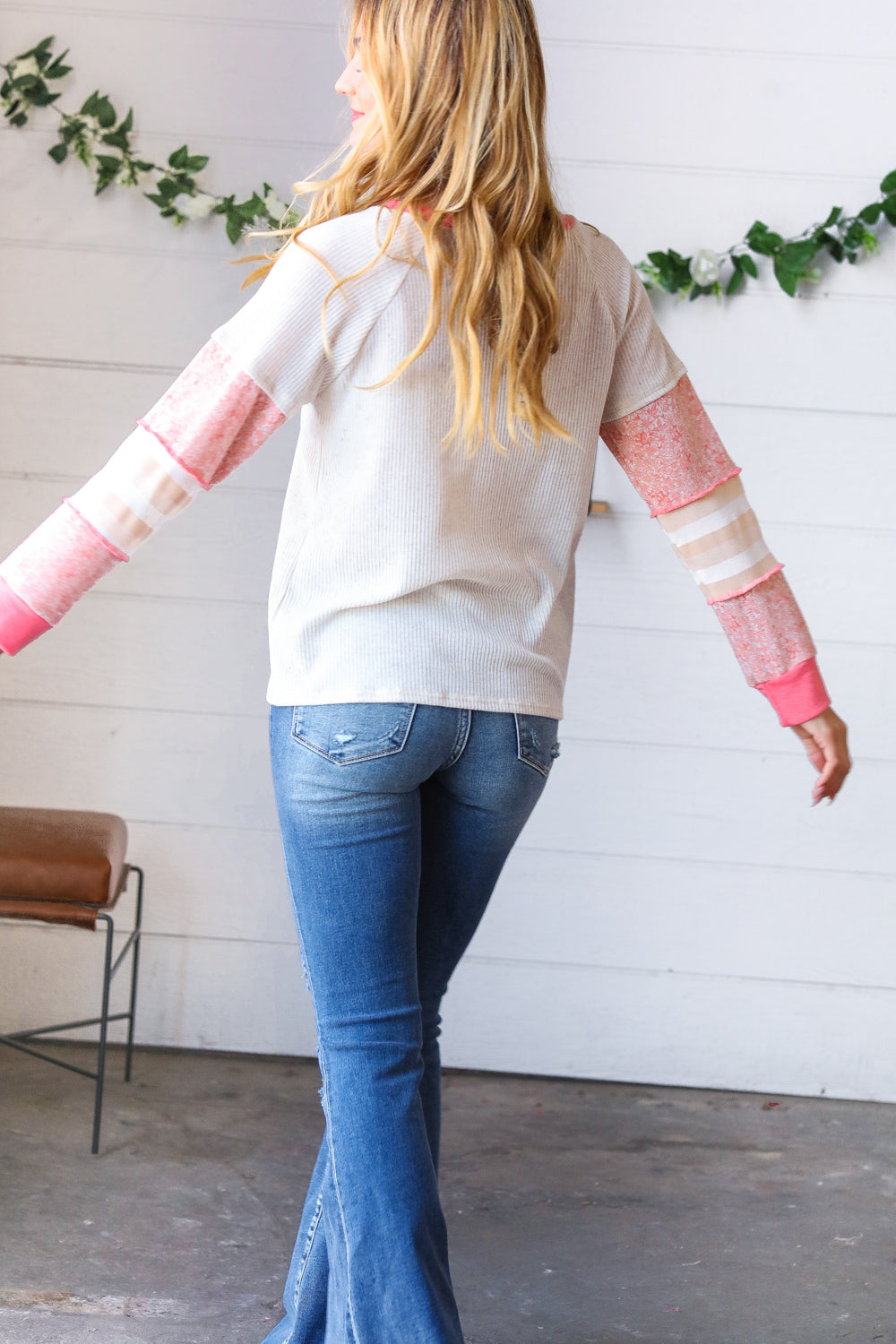 Oatmeal & Coral Slub Rib Floral Color Block Raglan Top