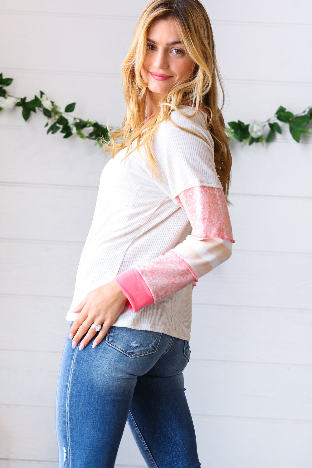 Oatmeal & Coral Slub Rib Floral Color Block Raglan Top