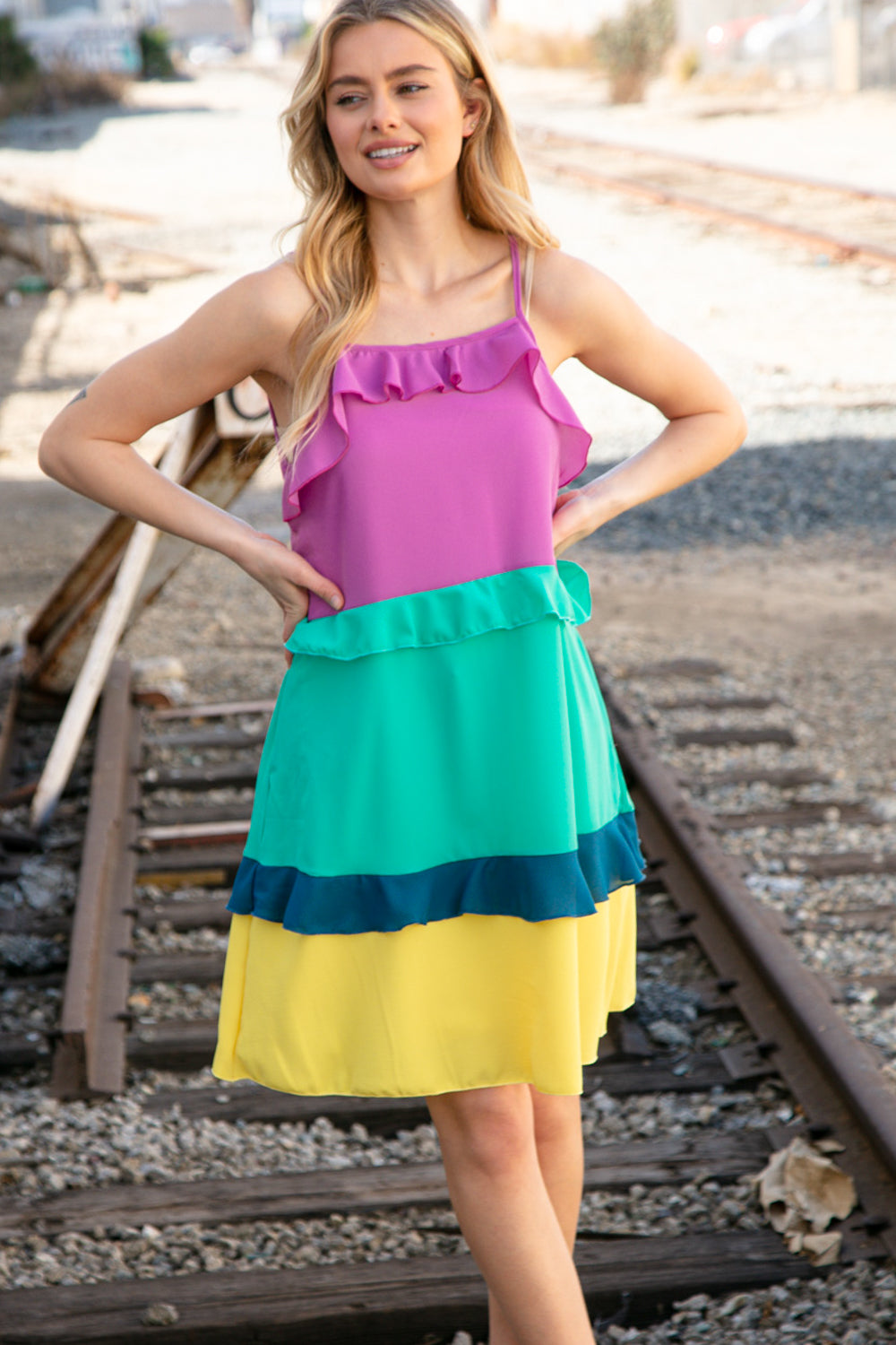 Fuchsia Shoulder Strap Color Block Tiered Ruffle Dress