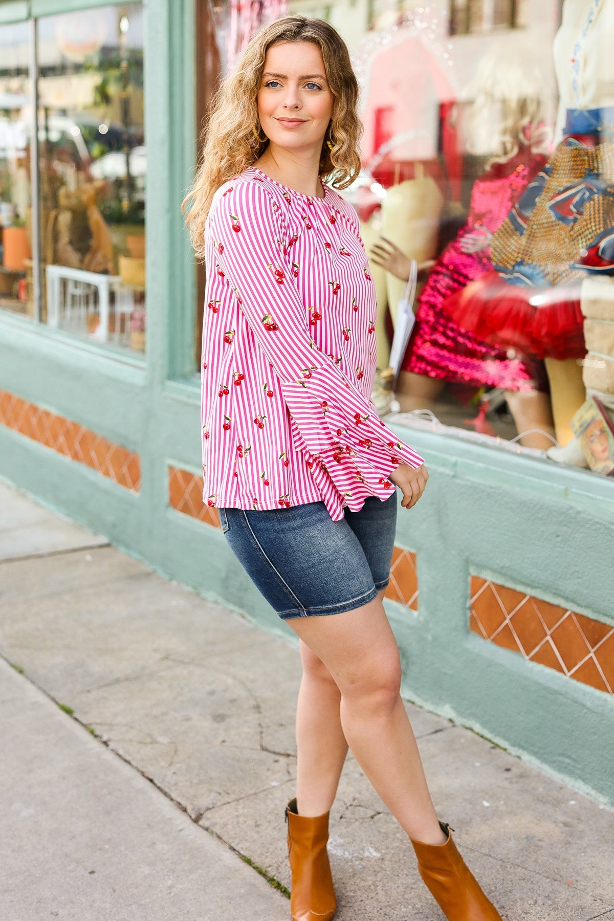 Make You Smile Pink Stripe & Cherries Bell Sleeve Top