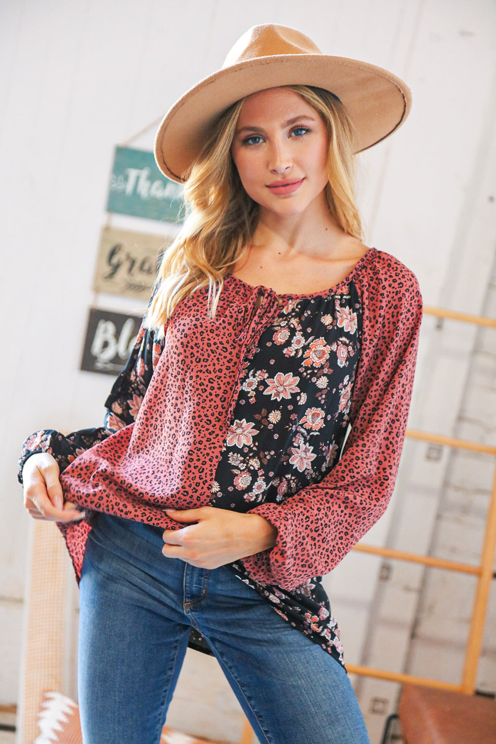 Mauve Leopard and Floral Color Block Key Hole Top