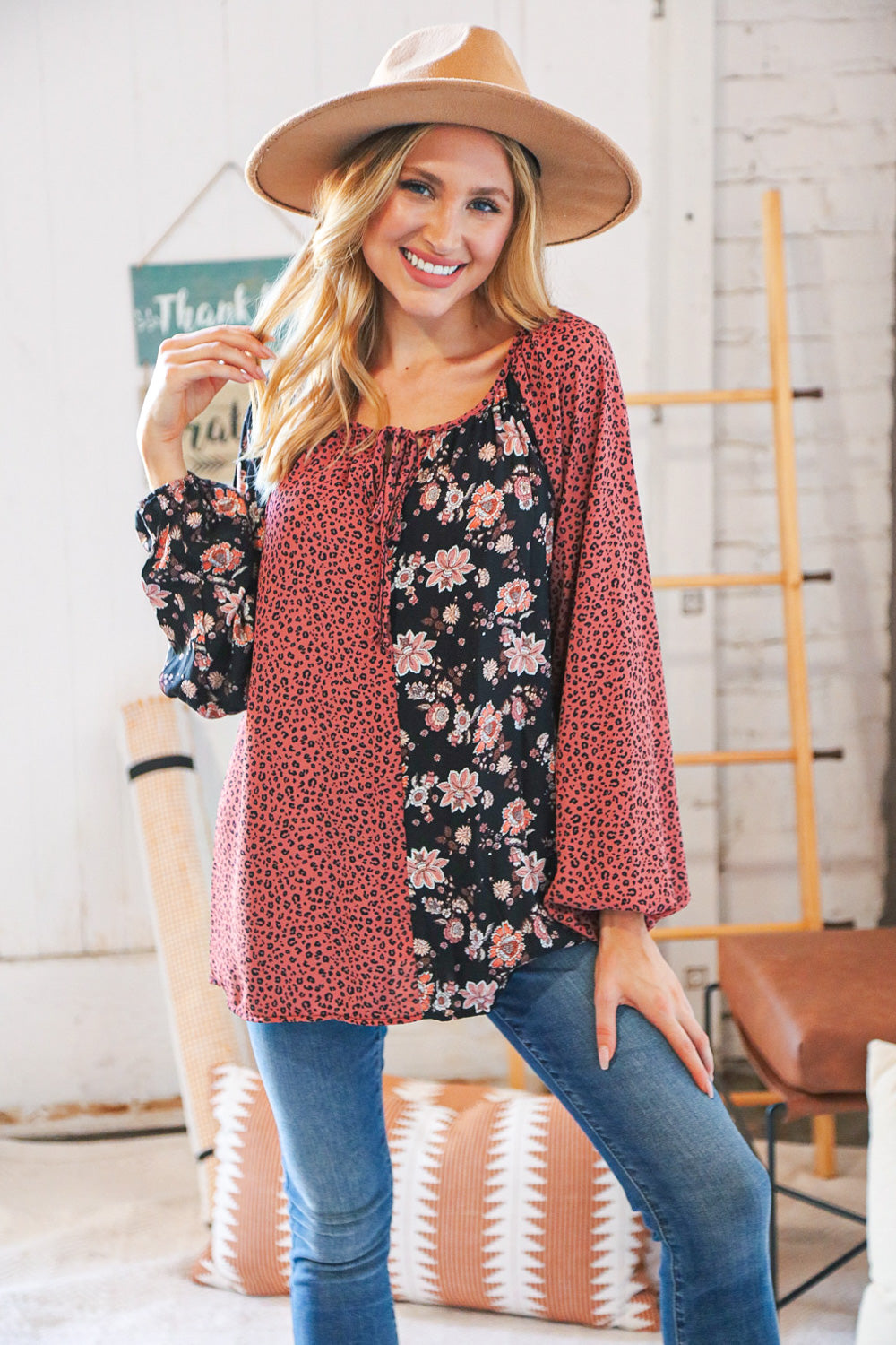 Mauve Leopard and Floral Color Block Key Hole Top