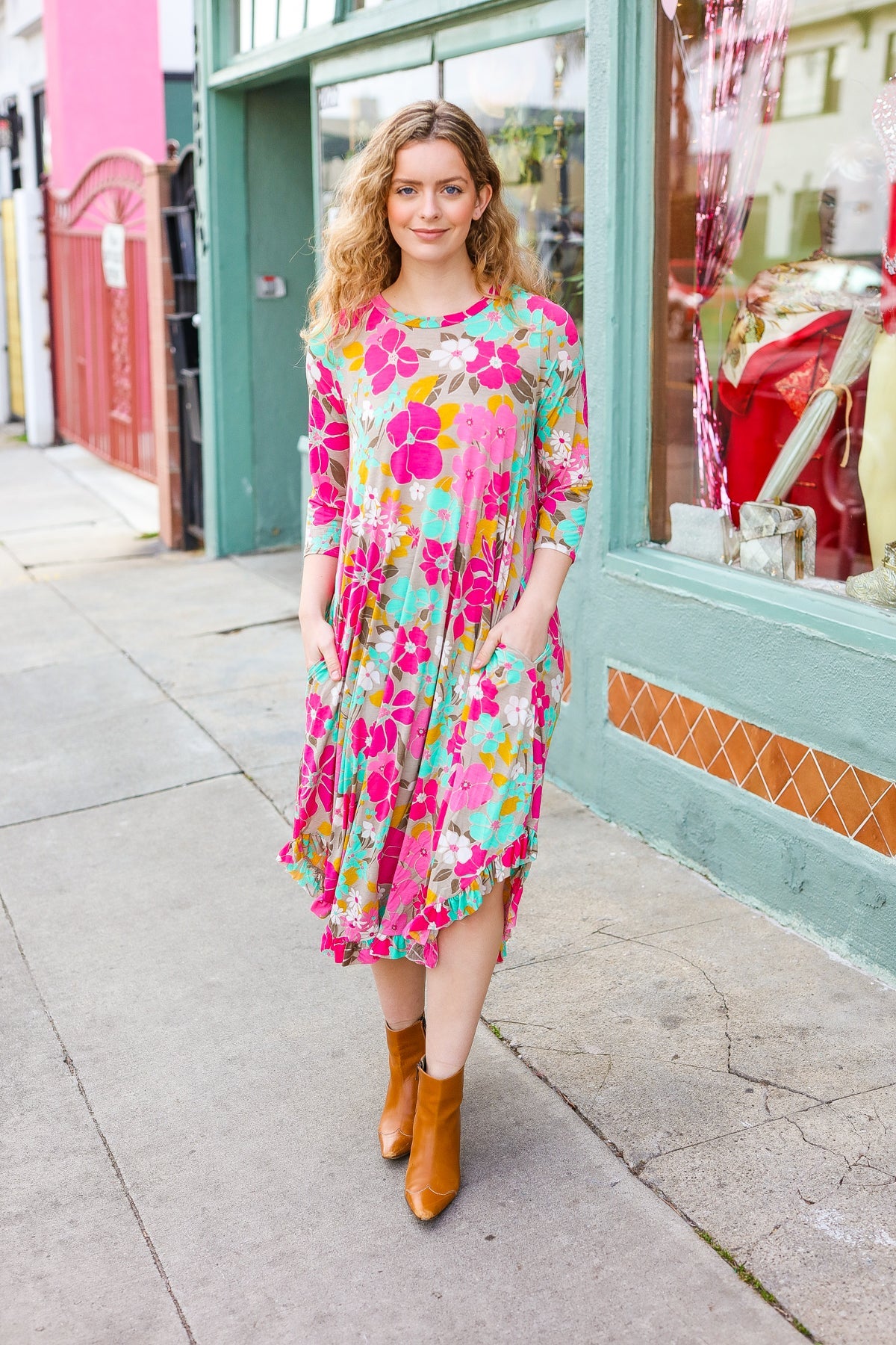 Feeling Femme' Taupe & Fuchsia Floral Print Ruffle Hem Midi Dress