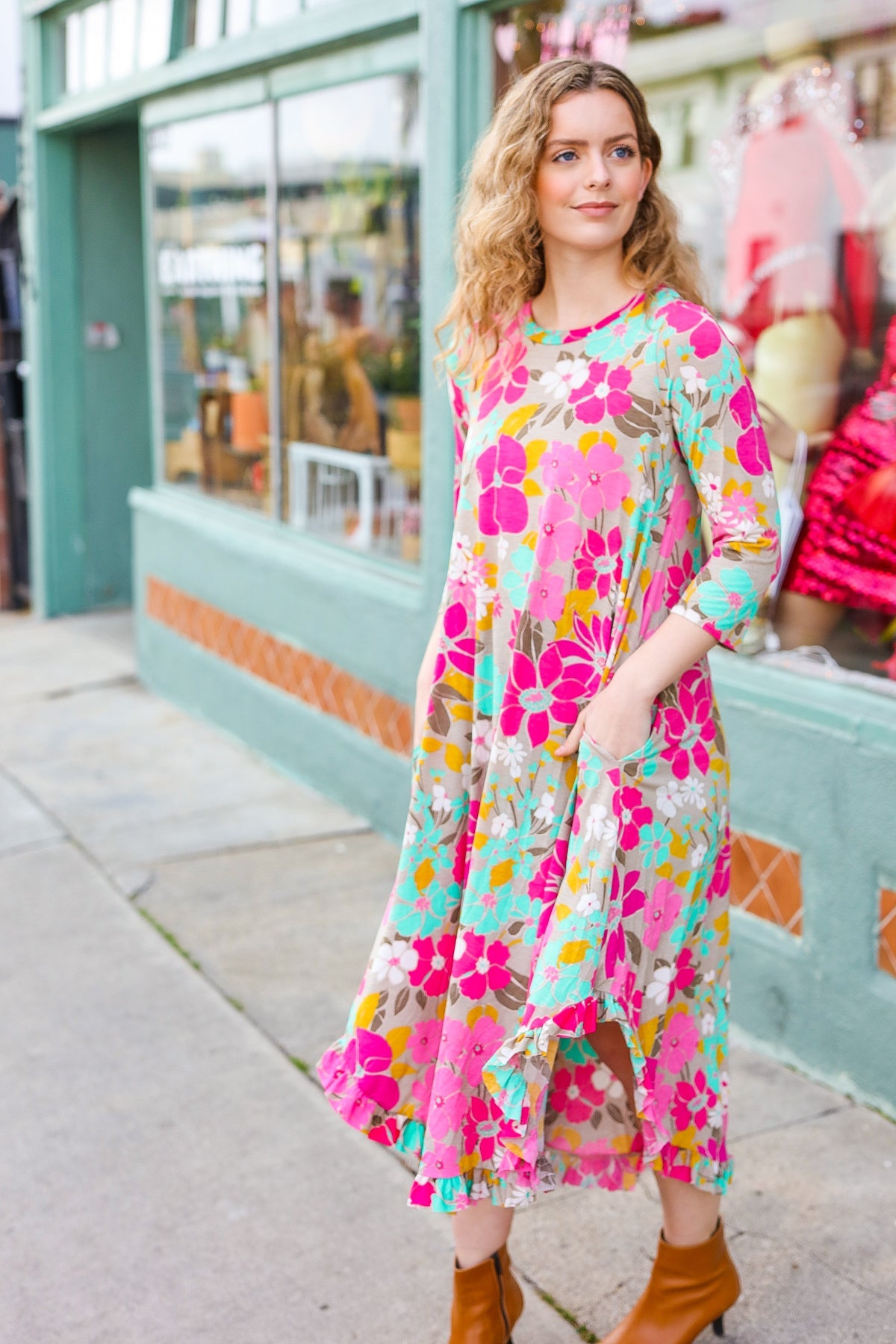 Feeling Femme' Taupe & Fuchsia Floral Print Ruffle Hem Midi Dress