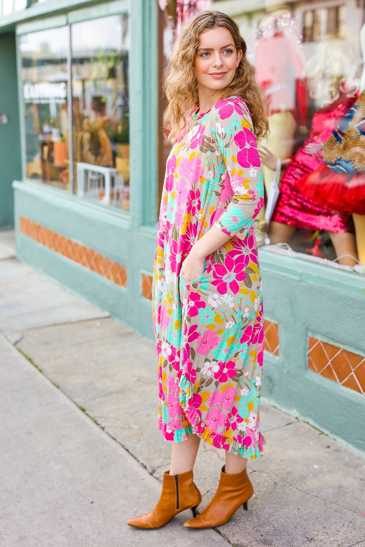 Feeling Femme' Taupe & Fuchsia Floral Print Ruffle Hem Midi Dress