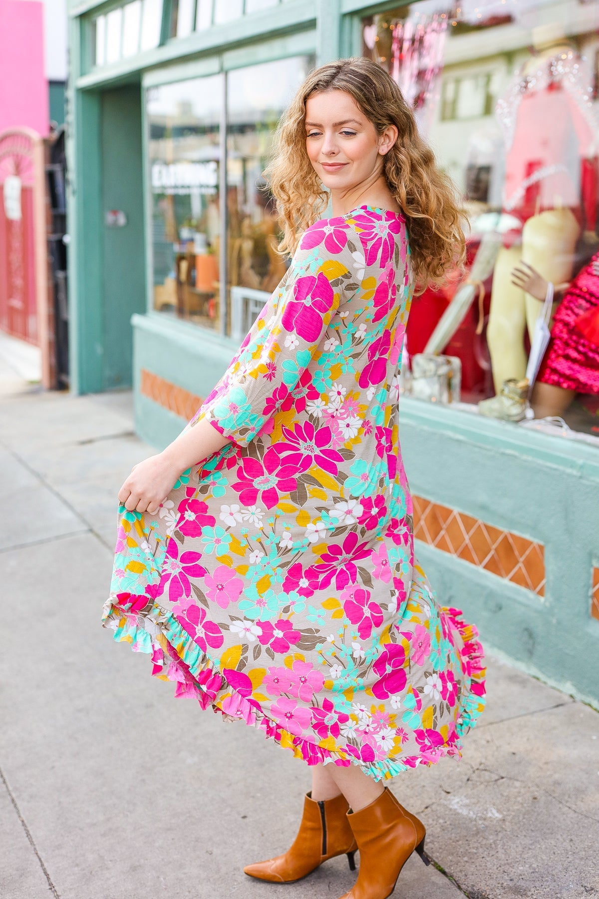 Feeling Femme' Taupe & Fuchsia Floral Print Ruffle Hem Midi Dress