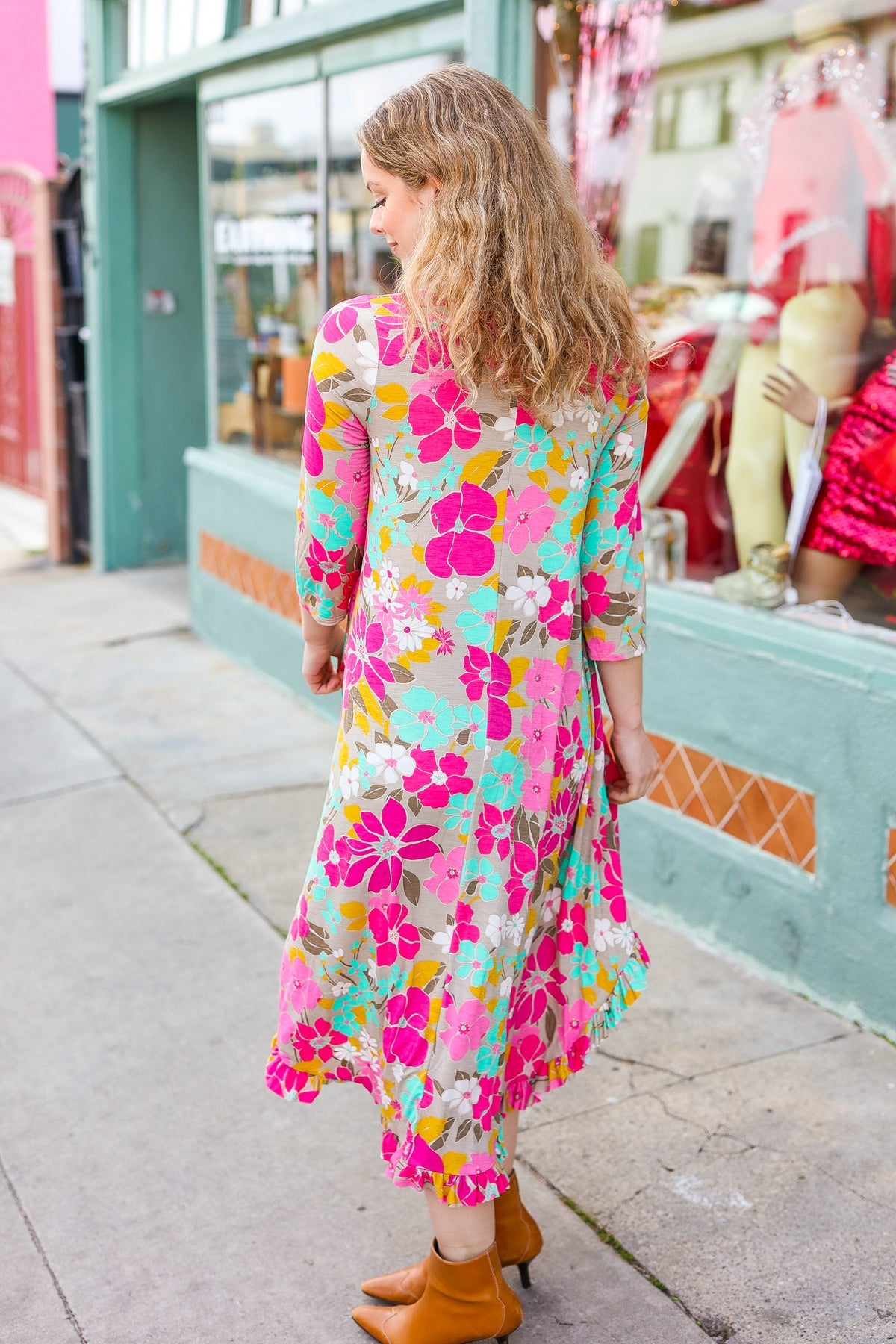 Feeling Femme' Taupe & Fuchsia Floral Print Ruffle Hem Midi Dress