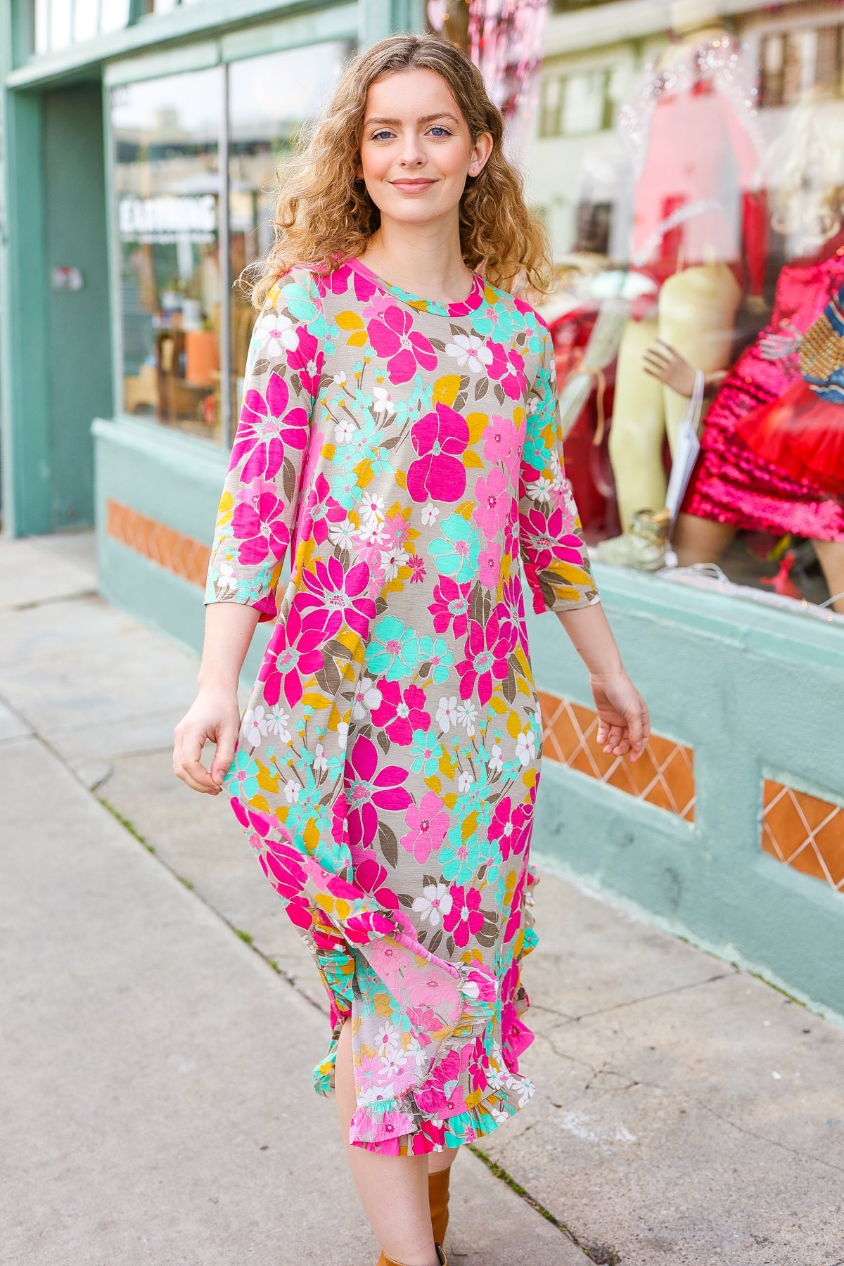 Feeling Femme' Taupe & Fuchsia Floral Print Ruffle Hem Midi Dress