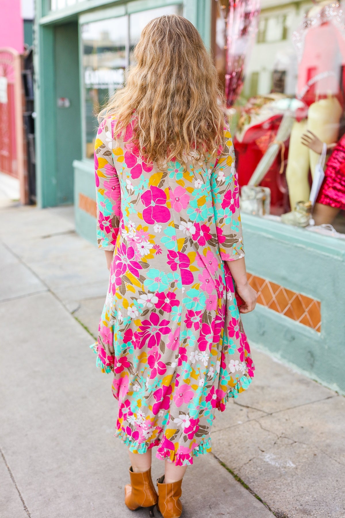 Feeling Femme' Taupe & Fuchsia Floral Print Ruffle Hem Midi Dress