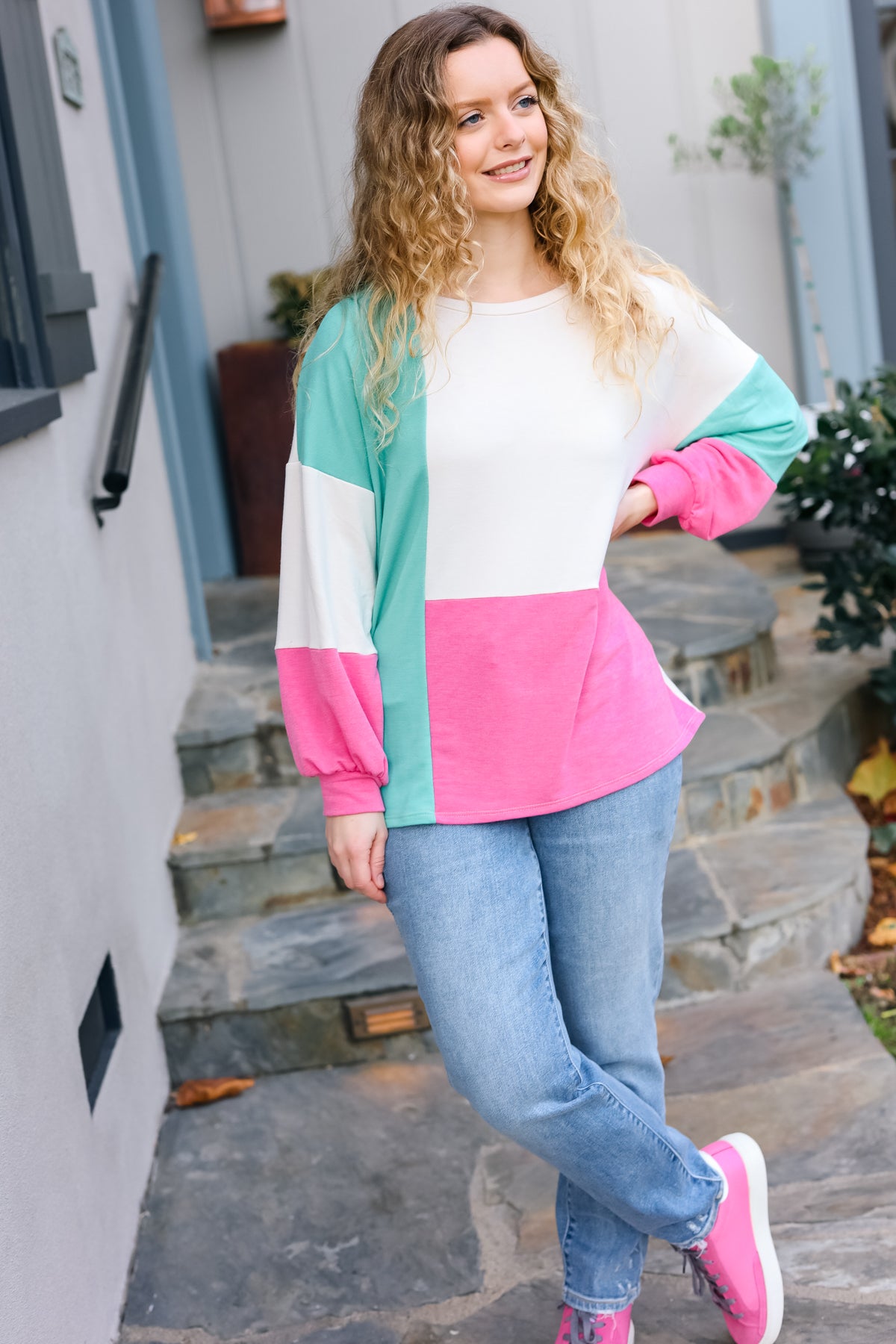 The Slouchy Mint & Pink Drop Shoulder Terry Color Block Top