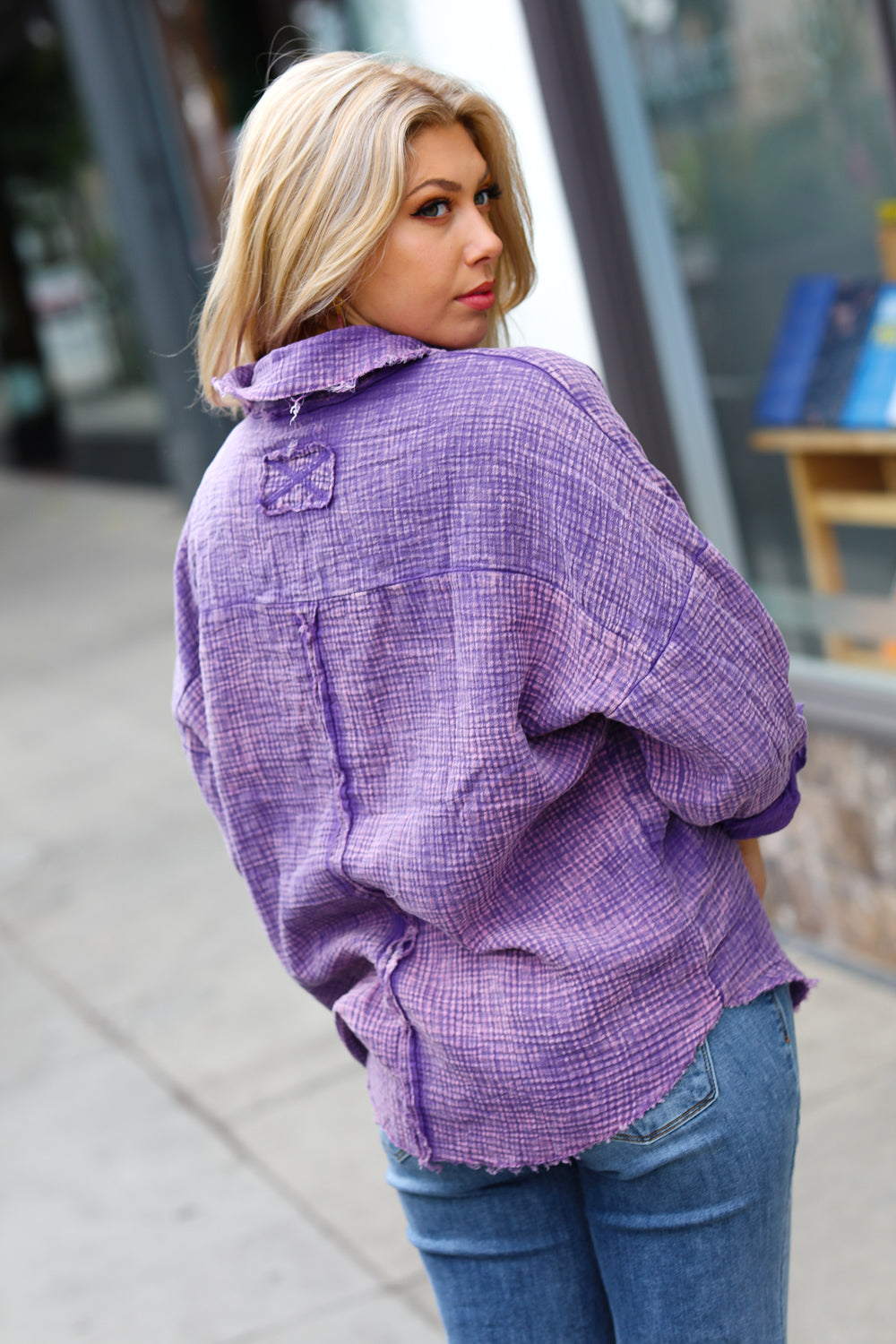 Violet Washed Cotton Gauze Button Down Shirt