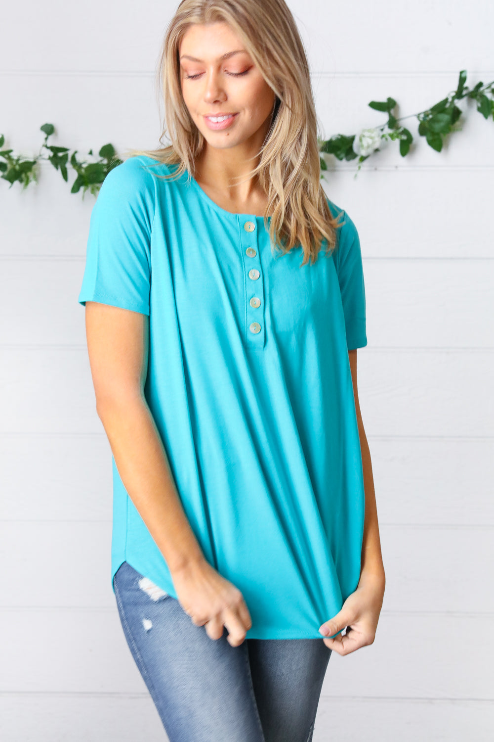 Sky Blue Dolphin Hem Shell Button Down Top