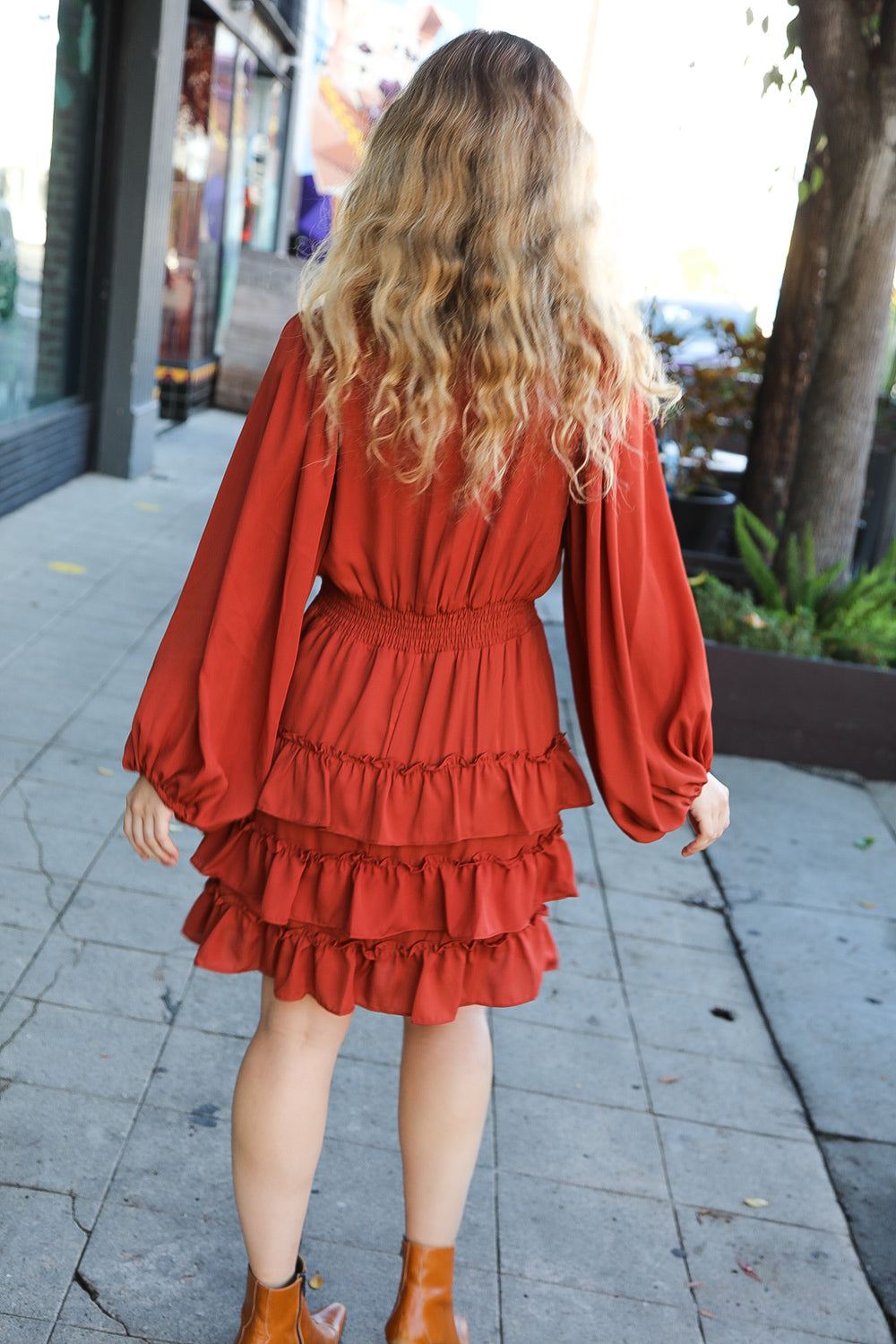 On My Way Rust Smocked Waist Tiered Ruffle Lined Dress