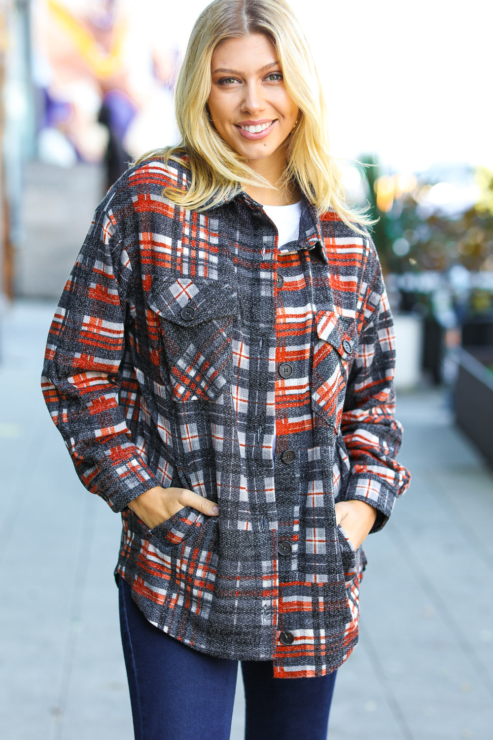 Plaid Happy Black & Rust Jacquard Oversize Pocketed Shacket