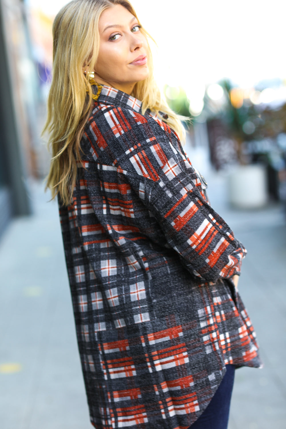 Plaid Happy Black & Rust Jacquard Oversize Pocketed Shacket