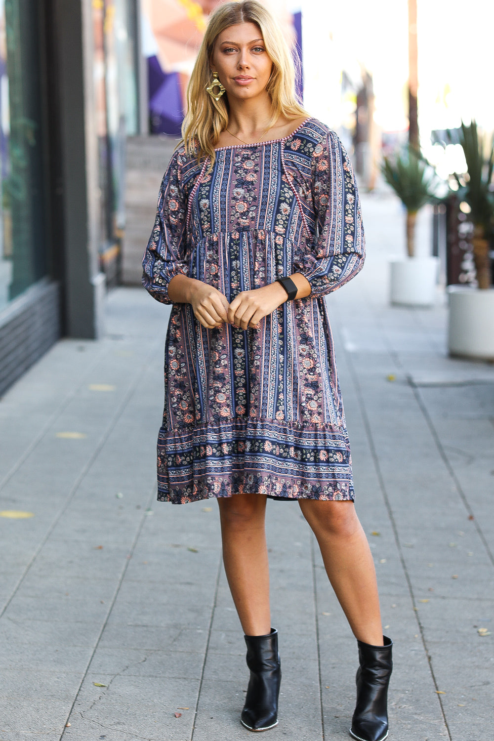 Lovely In Navy Floral Stripe Babydoll Ruffle Pocketed Dress