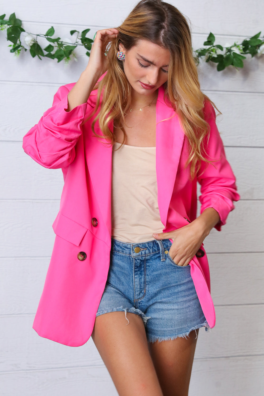 Fuchsia Notched Lapel Ruched Sleeve Blazer