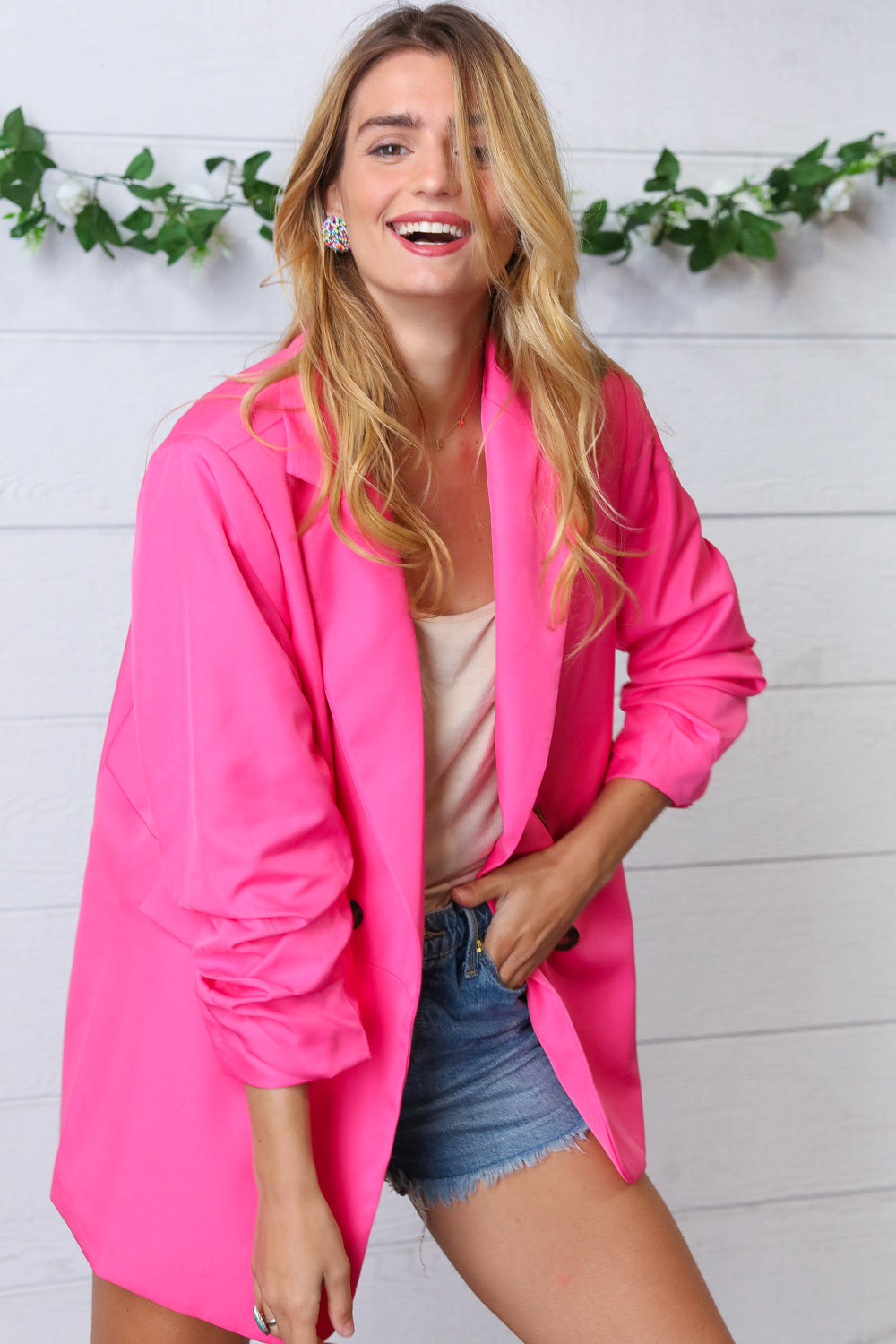 Fuchsia Notched Lapel Ruched Sleeve Blazer