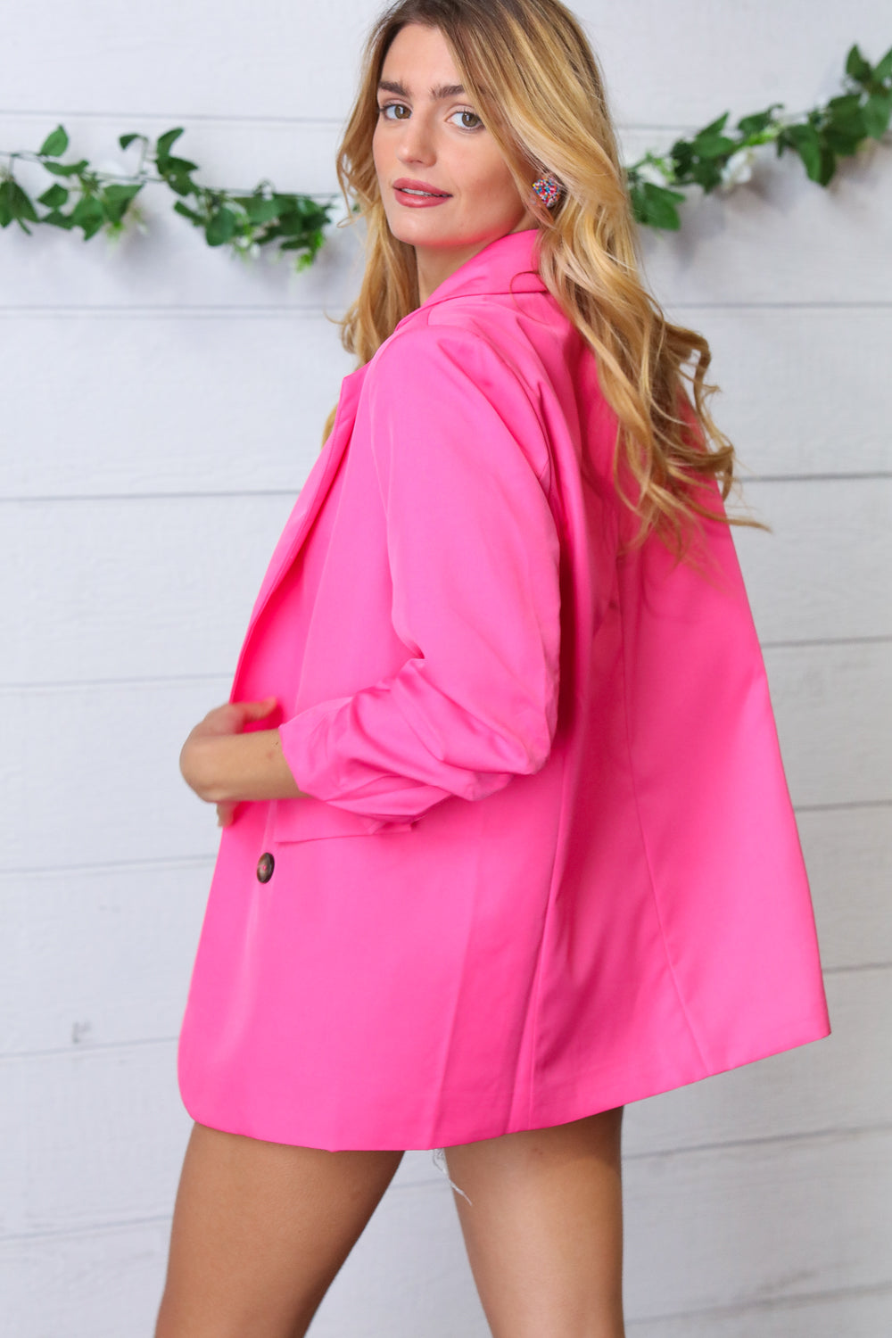 Fuchsia Notched Lapel Ruched Sleeve Blazer