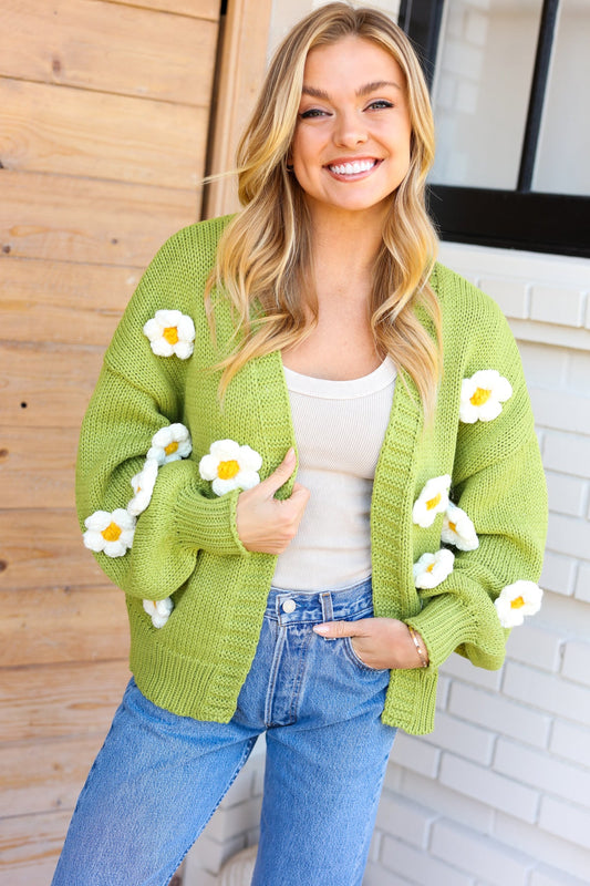 Fell In Love Lime Daisy Crochet Balloon Sleeve Chunky Cardigan