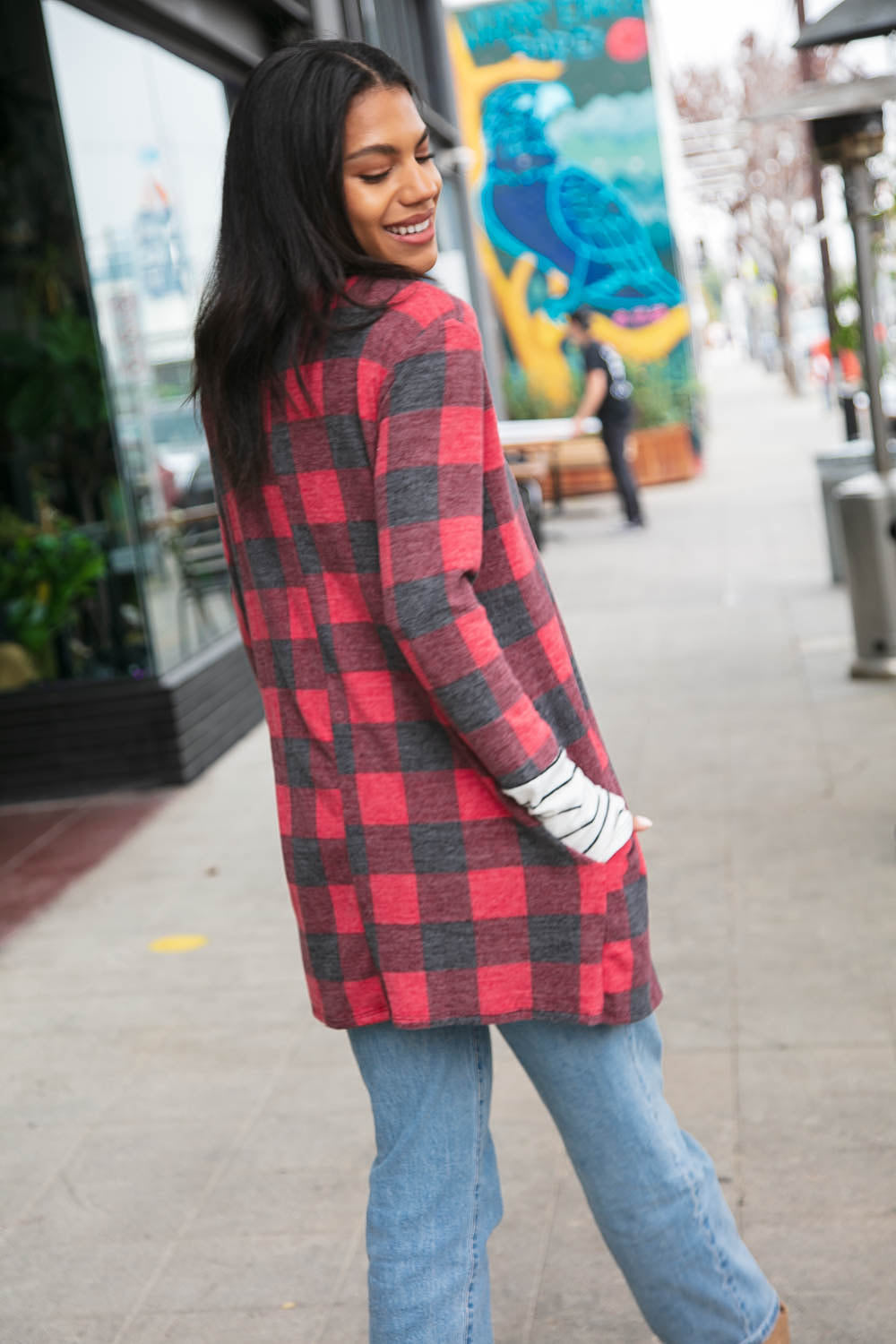 Plaid & Stripe Hacci Thumbhole Cuff Cardigan