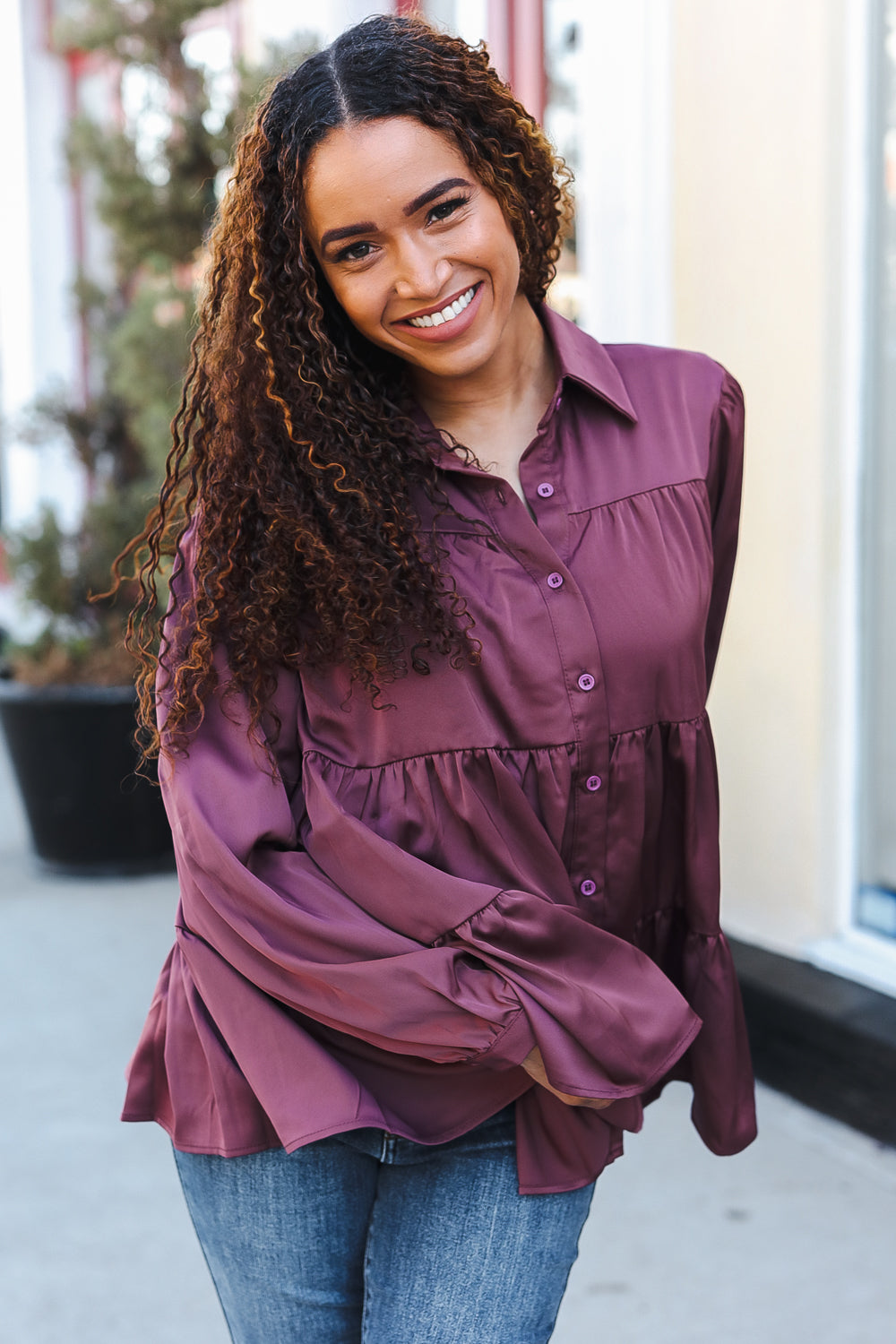 Perfectly You Burgundy Button Down Tiered Babydoll Satin Top