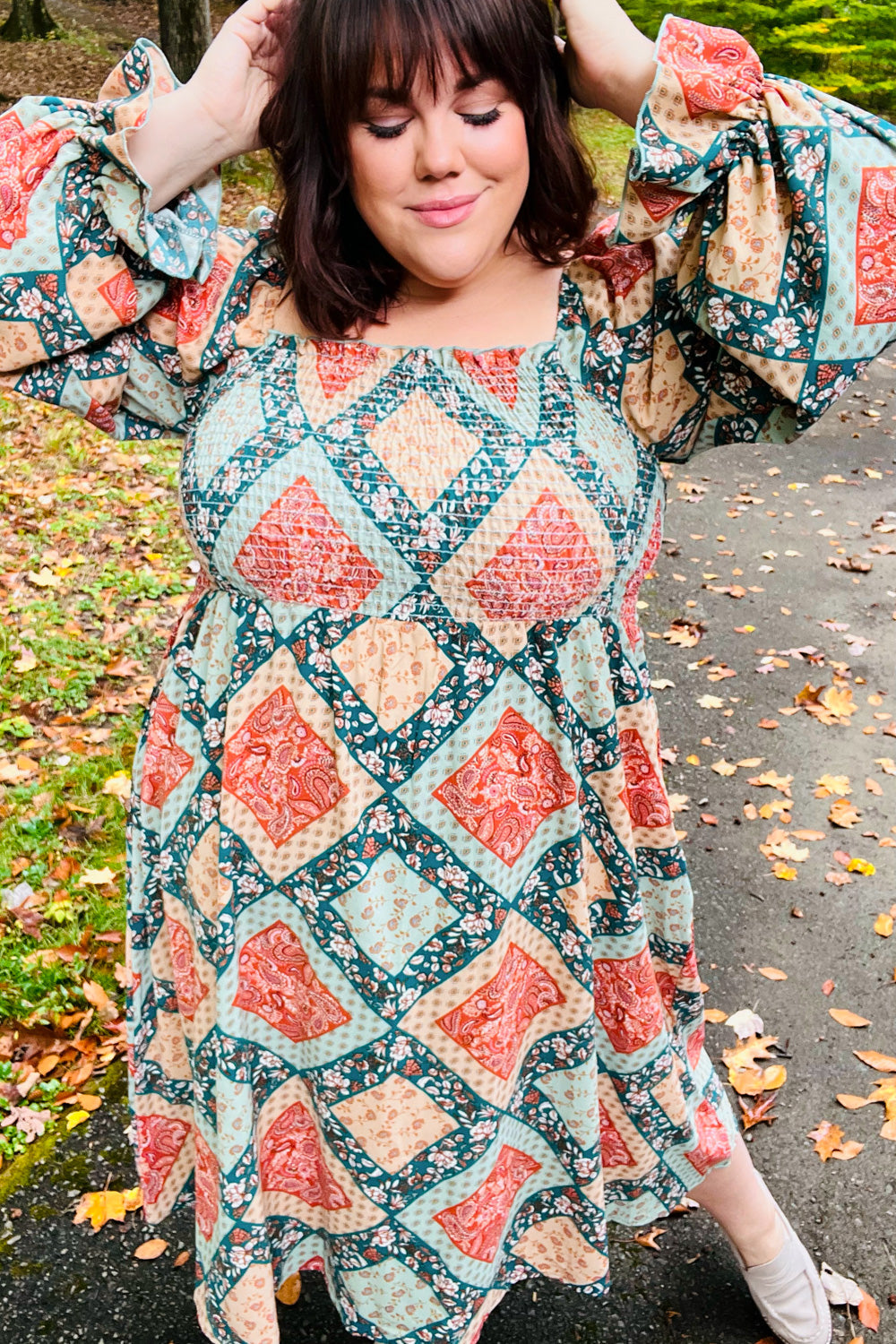 Join Me Later Rust/Teal Boho Smocked Woven Midi Dress